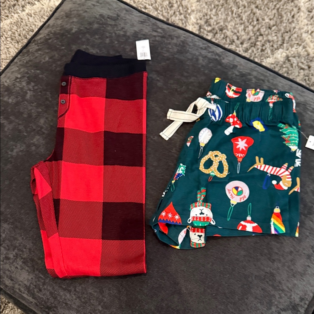 Old Navy Red Plaid Pants and Green Patterned Shorts bundle